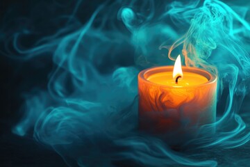 Poster - A Single Candle Burning Amidst Abstract Blue Smoke