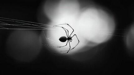 Wall Mural -   Black spider on spider web against black background