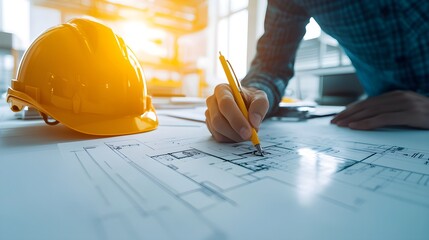 mechanical engineer closely examining hvac system blueprints on a large drafting table, surrounded b