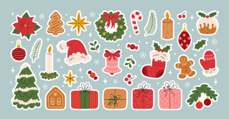merry christmas vintage cute stickers. hand drawn of traditional winter decorations and icons. chris