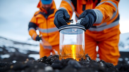 Technicians and engineers monitoring landfill methane levels, close-up of sophisticated gas capture equipment, focus on clean energy solutions. Methane level monitoring, Clean energy innovation