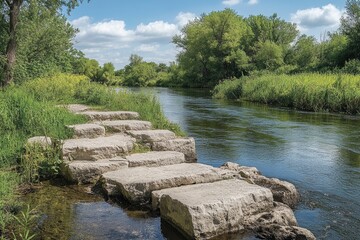 Wall Mural - Stone Steps Leading to a River in a Green Forest