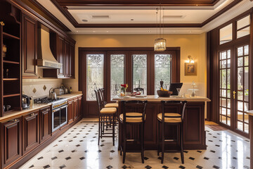 Wall Mural - Wooden kitchen interior with cooking cupboards, shelves and utensils