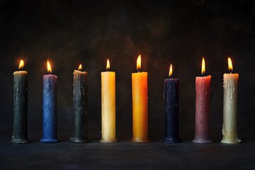 Poster - Seven Colorful Candles Burning Against a Dark Background