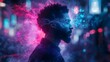 © Paul - Portrait of a young man facing complex neural pathways, puzzle pieces dissolving into the air, blue and purple neon light, Cyberpunk, Illustration