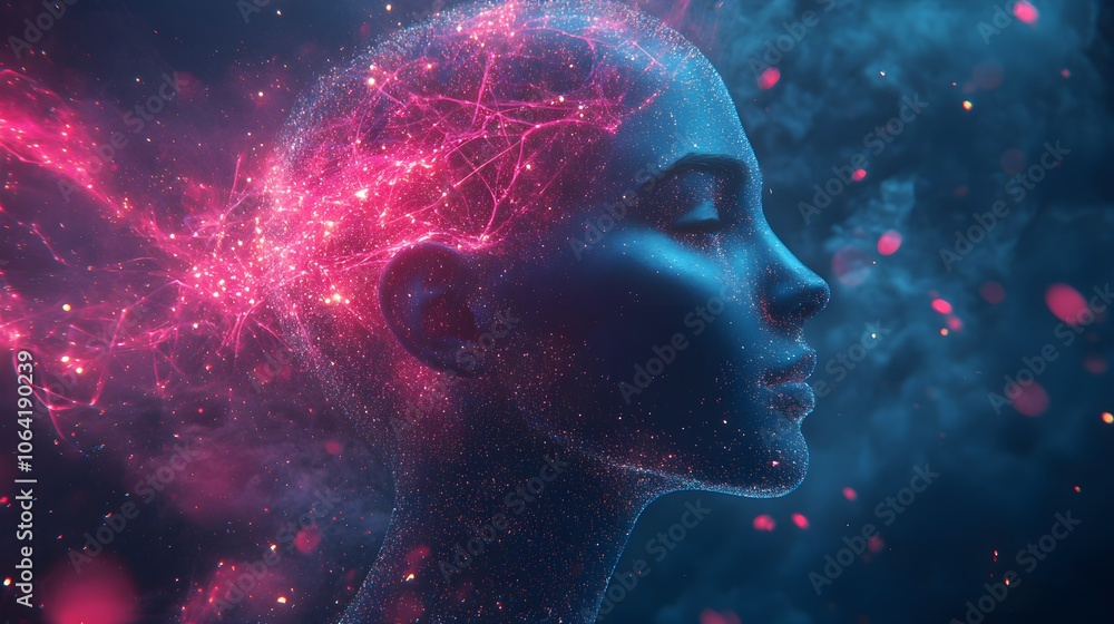 Profile of a human head with glowing, branching neural pathways ...