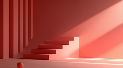   A red room with set of stairs, a ball on the floor, and two red walls