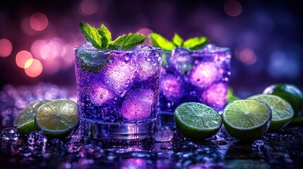 Two glasses of purple cocktail with lime wedges and mint leaves on a dark background.