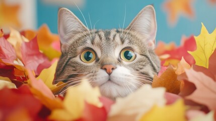 Wall Mural - Curious cat peeking through a pile of vibrant autumn leaves, AI