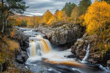 Poster - Cascading Waterfall Through Autumnal Forest in Scotland