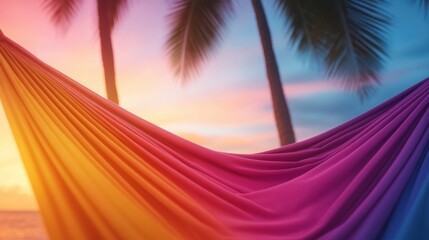 Poster - Vibrant hammock sways gently against a tropical sunset backdrop, AI