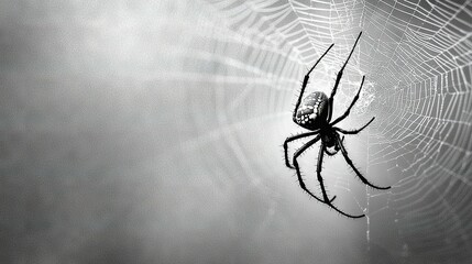   A monochrome image depicts a spider on its web in the center of the web