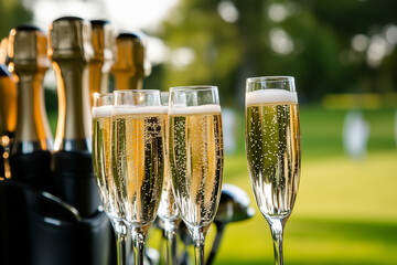 Wall Mural - Champagne glasses on golf course with blurry background