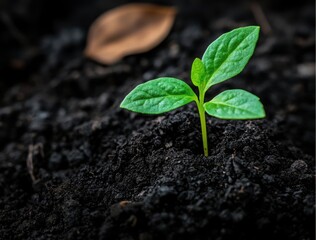 Closeup view of a small green plant seedling or sprout emerging from rich dark soil symbolizing growth new life potential and the promise of a flourishing future