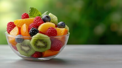 A vibrant bowl of mixed fresh fruit, featuring strawberries, blueberries, kiwi, raspberries, and oranges, garnished with mint leaves, set against a blurred green background.