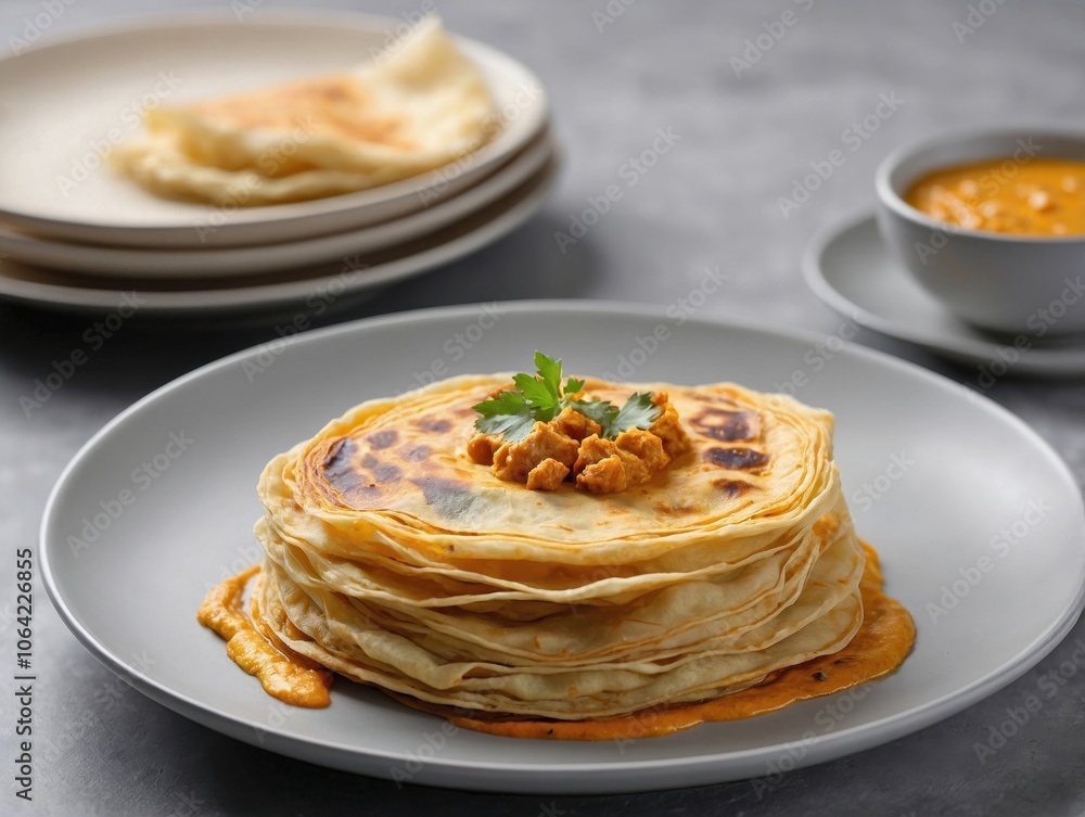 Flaky Roti Canai on a Simple White Plate Stock Photo | Adobe Stock
