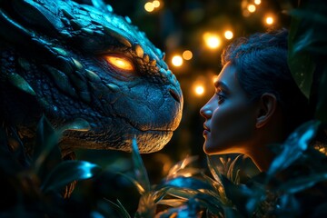 Poster - A mythical creature listening to a humanâ€™s confession in an enchanted forest, surrounded by glowing light and mysterious plants, symbolizing spiritual catharsis