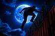 © Thanyarat - A prisoner scaling a high wall at night, silhouetted by moonlight, capturing the intensity of a daring escape
