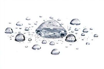 Poster - Single water droplet rests on white surface, surrounded by smaller droplets. Round shape, rippling surface, suspended. White background, contrasting with water, focal point.