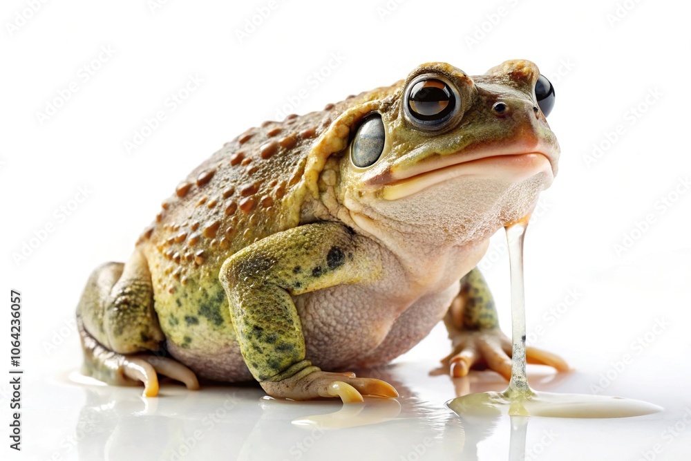 A khaki colored toad is sitting on a white background with a layer of dripping slime covering its back, slimy environment, ground texture, khaki toad, amphibian