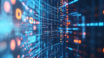 Digital abstract network of glowing data and binary code on dark blue background.