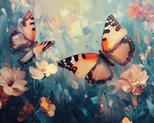 Wall Mural - Butterflies on flowers with vibrant colors, soft natural lighting, dynamic movement, serene atmosphere, realism