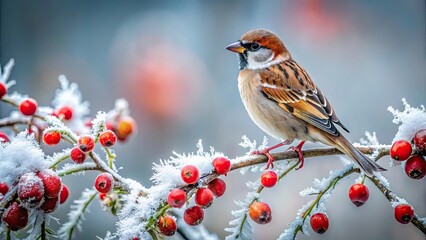 Wall Mural - Frozen sparrow on snowy rosehip branch in winter morning, frozen, sparrow, snowy, rosehip, branch, red berries, frosty, winter