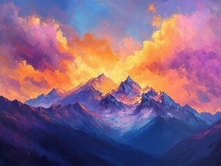 Wall Mural - Majestic mountain range with vibrant sky, soft natural lighting, dynamic energy, serene atmosphere, realism