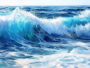 Wall Mural - Ocean waves crashing with vibrant blue hues, soft lighting, dynamic energy, coastal beauty, realism