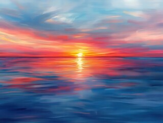 Wall Mural - Sunset over the horizon with vibrant colors, soft lighting, serene atmosphere, dynamic sky, photo-realism