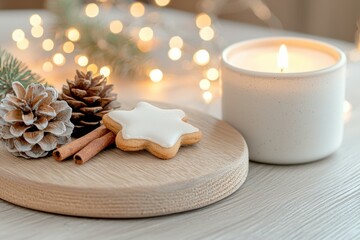 Wall Mural - A white candle is lit on a wooden table with a star shaped cookie