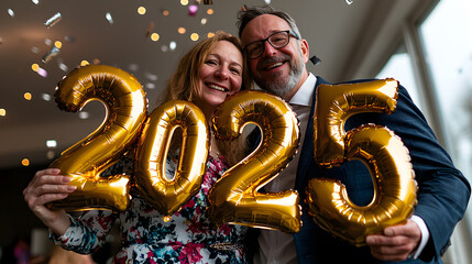 A couple holding up balloons that say 