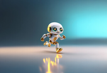 Wall Mural - a white and gold robot with large eyes runs across a reflective surface. the robot is in the foregro