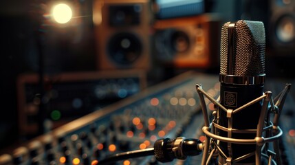 A close-up of a professional microphone in a dimly lit recording studio, capturing the essence of audio production and the intimate ambiance of musical creativity