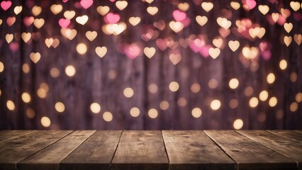 Wall Mural - Rustic plank wood board table surface with  gold and pink heart shape bokeh lights mockup background