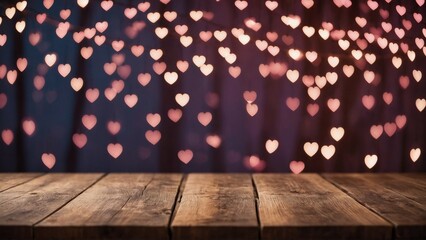 Wall Mural - Rustic plank wood board table surface with pink heart shape glowing bokeh lights mockup background