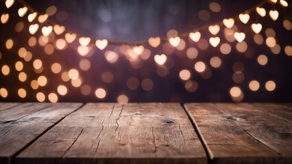 Wall Mural - Rustic plank wood board table surface with pink heart shape bokeh string lights mockup background