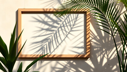 Blank wooden picture frame mockup hanging. Shadows of palm leaves on beige limestone wall in sunlight. Abstract natural background, poster background. Grunge texture backdrop. Floral shadows overlay