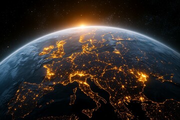 Wall Mural - a close up of the earth at night with the sun setting in the background