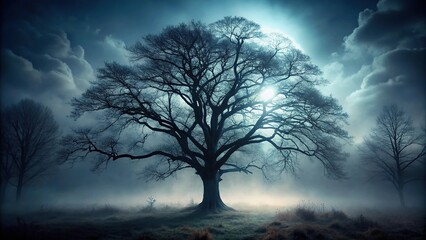 Wall Mural - spooky silhouette tree in dark forest with fog close-up