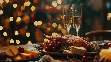 Header background image of roasted turkey and cheese platter served with empty champagne glasses on a festive dinner table with Christmas lights.