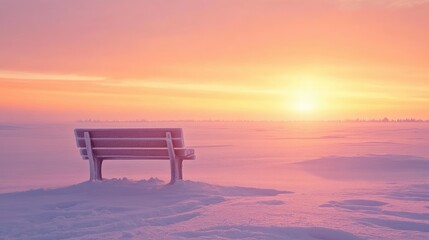 Wall Mural - Snowy Bench Under a Beautiful Sunset Sky