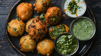 black gram or urad dal vada or pakoda or aalu bonda, aalu bonde with coconut and pudina chutney, isolated. 