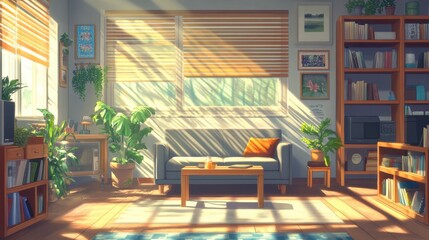 Cozy Living Room with Soft Sunlight and Greenery