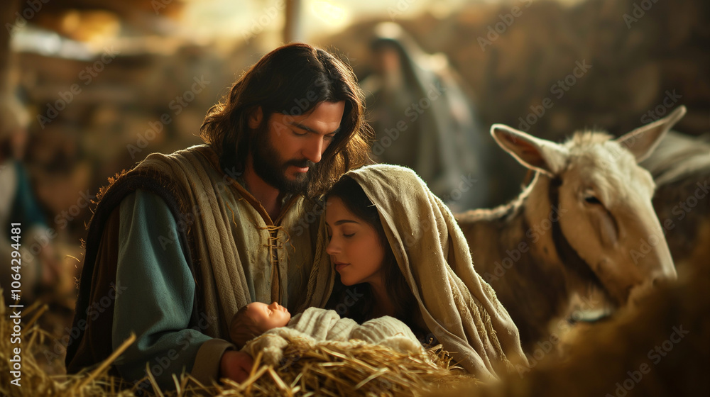 Joseph and Mary gaze at baby Jesus in a rustic nativity scene. Stock ...
