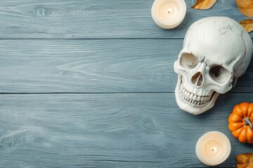 Wall Mural - A skull is on a wooden table with candles and pumpkins