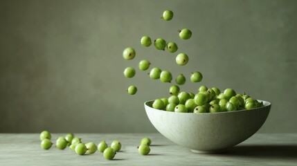 Wall Mural - Floating Green Fruits in Minimalist Bowl Setting