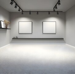 Empty Gallery Room with Two Blank Canvases and Track Lighting