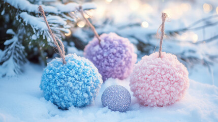 Colorful pom pom ornaments in snow create festive winter scene with twinkling lights