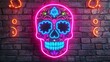 © Paisan - Vibrant Sugar Skull with Intricate Patterns Illuminates a Rustic Brick Wall in a Celebration of Life. Sugar Skull-themed in Luminous Colours Concept